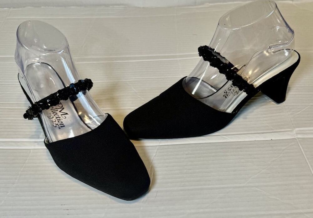 PM Collection 925 Womens 8M Black Fabric Mule Heels Embellished Strap